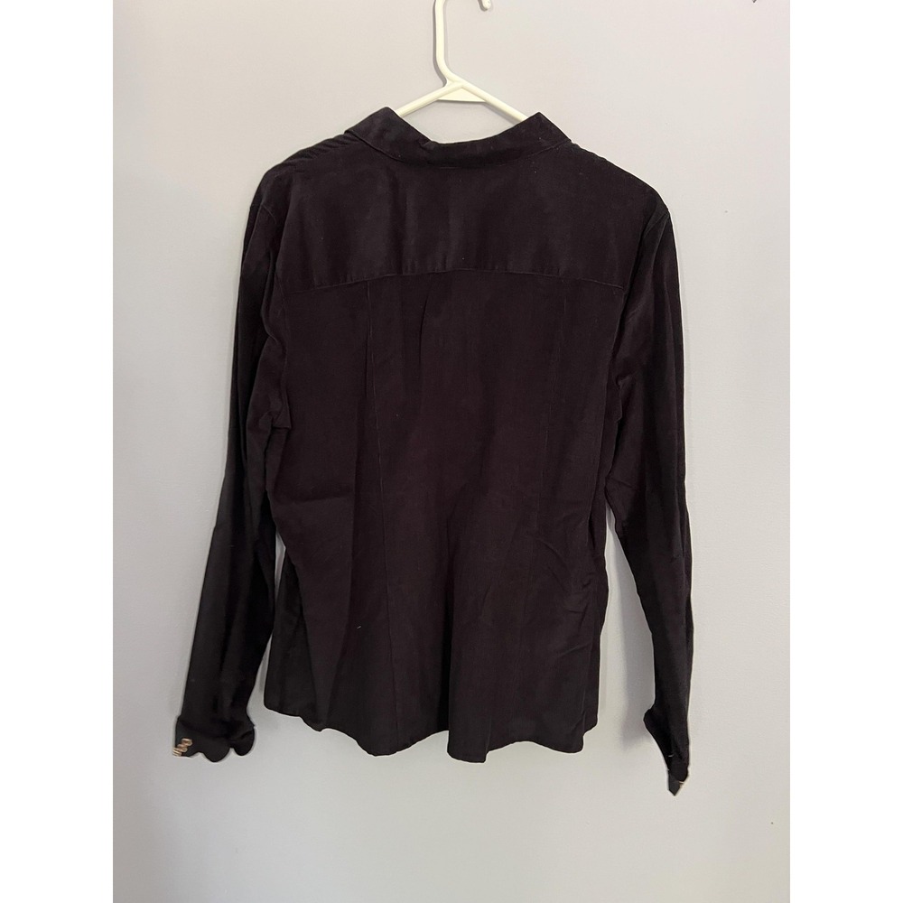 Foxcroft Shirt Womens 16 Black Fitted Corduroy Button Front Contrast Cuff Blouse - Picture 2 of 14
